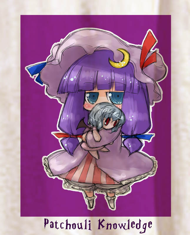 character_doll character_name chibi crescent doll doll_hug hat jitome patchouli_knowledge purple_hair remilia_scarlet silver_hair sketch solo tao_(kadoya) touhou