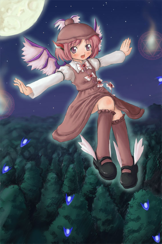animal_ears brown_legwear dress forest hat kneehighs magic_circle mary_janes moon mystia_lorelei na_(cf-subsphere) nature night night_sky outstretched_arms pink_eyes pink_hair shoes short_hair sky solo spread_arms touhou wings