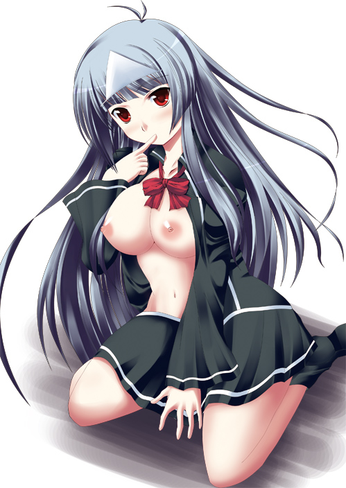 breasts copyright_request kuronezumi medium_breasts no_bra open_clothes open_shirt school_uniform shirt solo