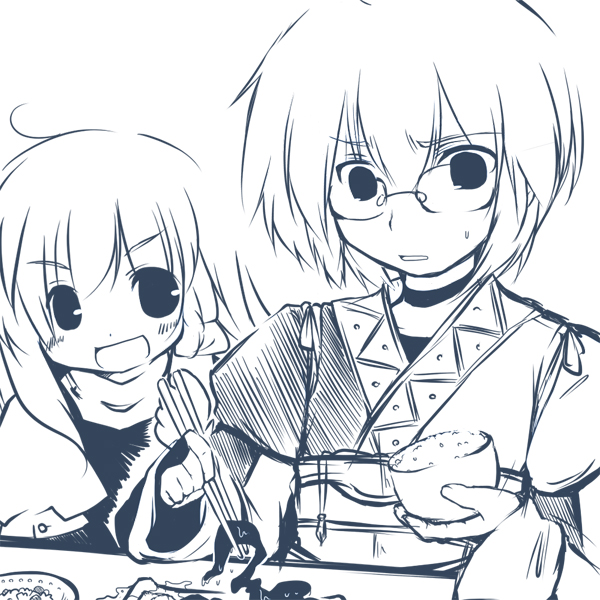 1girl blue blush chopsticks food futami_yayoi kirisame_marisa monochrome morichika_rinnosuke rice sweat touhou