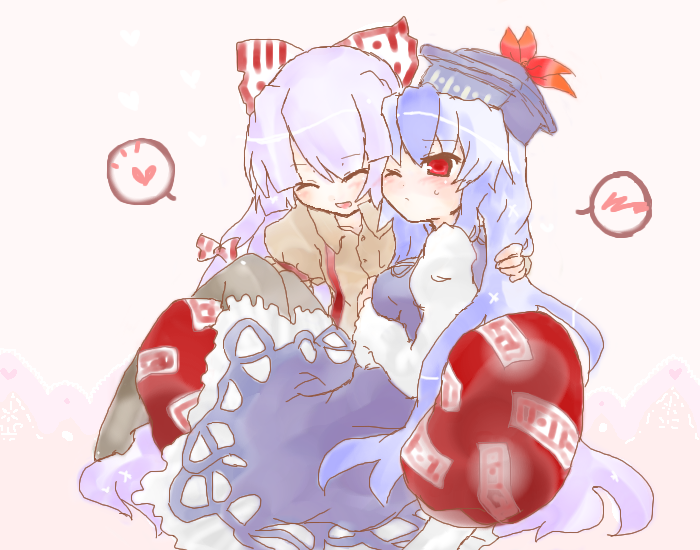 artist_request bow dress fujiwara_no_mokou hat hug kamishirasawa_keine long_hair multiple_girls red_eyes ribbon silver_hair touhou