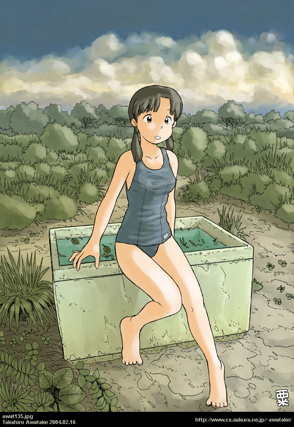 awatake_takahiro copyright_request landscape one-piece_swimsuit school_swimsuit solo swimsuit water