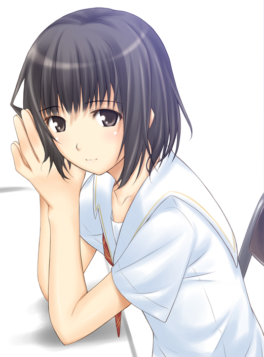 bangs big_wednesday black_eyes black_hair blush chair closed_mouth collarbone eyebrows_visible_through_hair hands_together kibina_high_school_uniform kimi_kiss long_hair looking_at_viewer red_ribbon ribbon school_uniform serafuku shijou_mitsuki short_hair short_sleeves sitting smile solo upper_body white_background