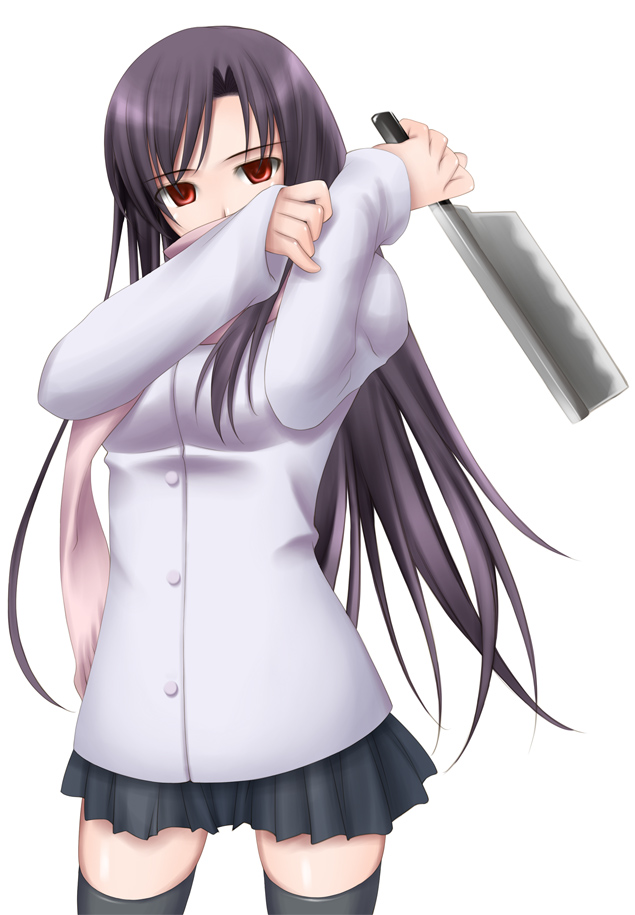 1girl big_wednesday katsura_kotonoha knife long_hair red_eyes school_days school_uniform serafuku simple_background solo thighhighs