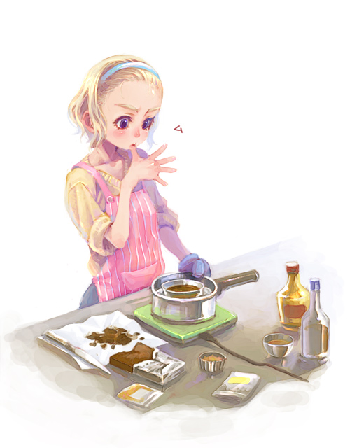 apron blonde_hair chocolate chocolate_making cooking forehead hairband original pot purple_eyes sleeves_rolled_up solo weno weno's_blonde_original_character