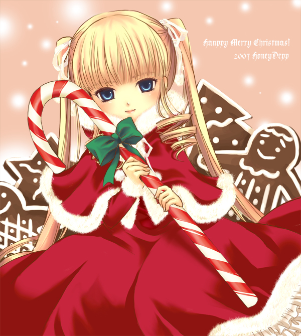 blonde_hair blue_eyes candy candy_cane capelet christmas dress food frills fur_trim holding holding_candy_cane long_hair looking_at_viewer mizunomoto red_capelet red_dress rozen_maiden santa_costume shinku sidelocks solo sweets twintails very_long_hair