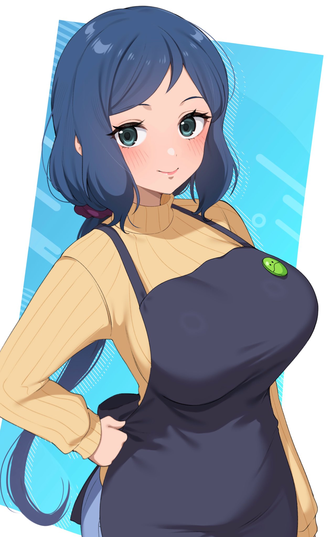 1girl apron black_apron black_eyes blue_background blue_hair blush breasts campbell_xx closed_mouth commentary grey_pants gundam gundam_build_fighters hand_on_own_hip highres iori_rinko large_breasts long_hair long_sleeves low_ponytail mature_female pants solo sweater two-tone_background white_background yellow_sweater