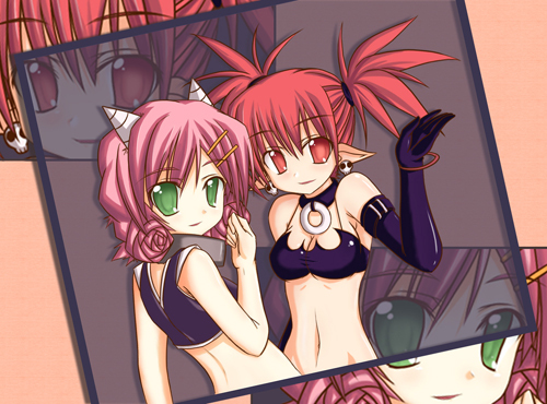 artist_request bracelet breasts collar demon_girl disgaea earrings elbow_gloves etna gloves green_eyes horns jewelry lowres luchi makai_senki_disgaea multiple_girls pointy_ears red_eyes red_hair small_breasts tail wings
