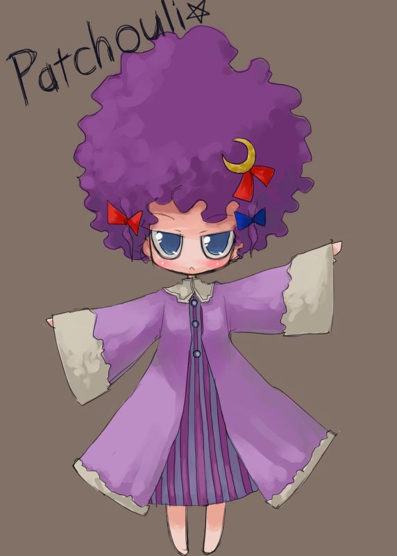 :&lt; afro alternate_hairstyle chibi crescent crescent_hair_ornament hair_ornament jitome outstretched_arms parody patchouli_knowledge solo spread_arms tao_(kadoya) touhou
