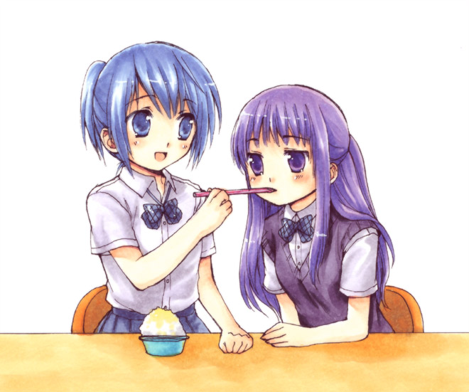 :d blue_eyes blue_hair blush feeding multiple_girls open_mouth original purple_eyes purple_hair school_uniform shaved_ice smile spoon_straw sweater_vest usashiro_mani