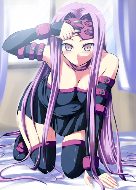 bare_shoulders breasts cleavage collar dress elbow_gloves fate/stay_night fate_(series) gloves kuronezumi large_breasts long_hair pink_eyes pink_hair rider solo strapless strapless_dress thighhighs zettai_ryouiki