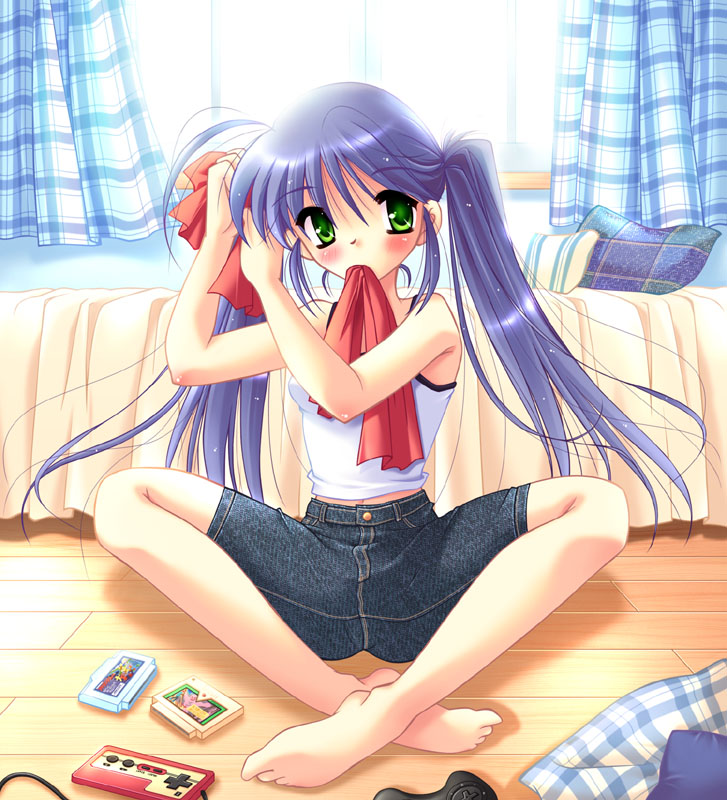 artist_request barefoot blue_hair copyright_request green_eyes hairdressing long_hair mouth_hold solo spread_legs tank_top twintails