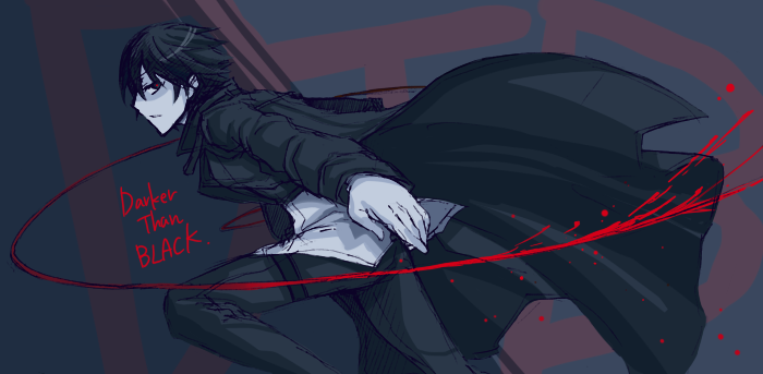 1boy black_hair blood copyright_name darker_than_black hei male_focus red_eyes running solo thigh_strap trench_coat