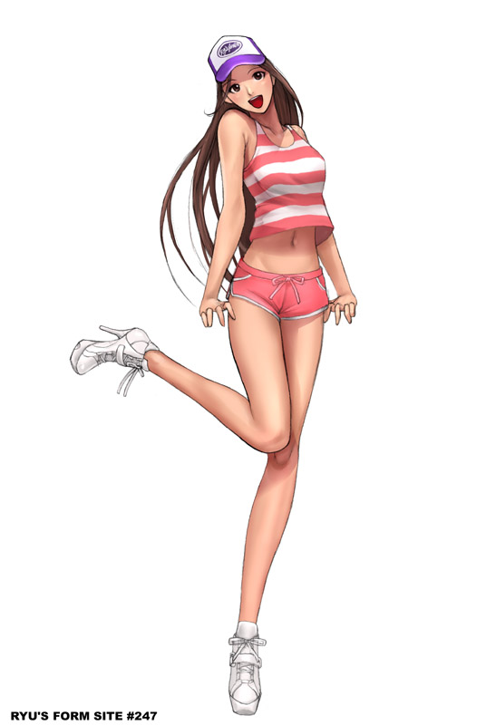 artist_name brown_eyes brown_hair full_body hat high_heels leg_up legs long_legs midriff navel open_mouth original ryu_(ryu's_former_site) shirt shoes short_shorts shorts simple_background smile solo striped striped_shirt tank_top white_background