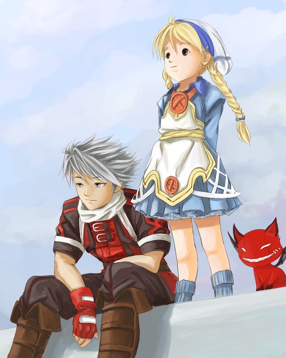 1girl ahoge arms_behind_back black_eyes blonde_hair boots braid buttons child chito_(field_of...) cloud day demon dorothy_(over_zenith) dress feel fingerless_gloves gloves grin hat knee_boots long_hair outdoors over_zenith scarf shadow short_dress short_hair silver_eyes silver_hair sitting sky smile socks spiked_hair standing strap toto_(over_zenith) twin_braids wings