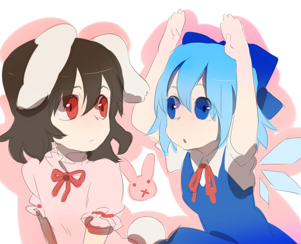 animal_ears arms_up blue_bow blue_dress blue_eyes blue_hair bow brown_hair bunny bunny_ears cirno dress flat_chest hair_bow inaba_tewi kazune_(baumkuchen) multiple_girls neck_ribbon pink_shirt red_eyes red_ribbon ribbon shadow shirt short_hair short_sleeves strabismus touhou
