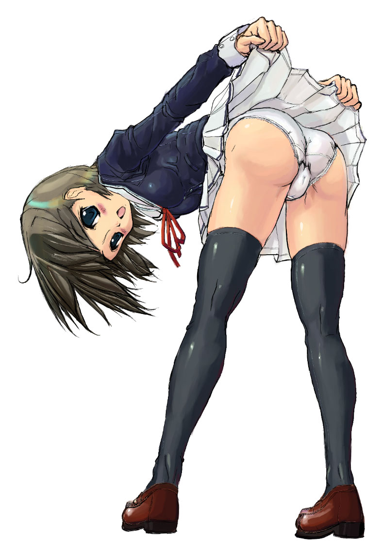 arms_behind_back ass bent_over black_legwear blouse blue_eyes blush brown_hair cameltoe copyright_request labia lace lace-trimmed_panties legs lifted_by_self miniskirt panties panty_pull pleated_skirt ribbon school_uniform serafuku shoes short_hair skirt skirt_lift solo soukaa_(golden_sash) spread_legs standing thighhighs thighs trefoil underwear white_panties