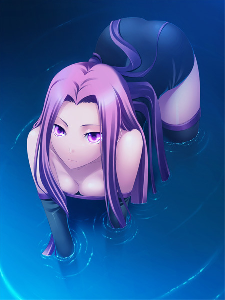 all_fours ass bare_shoulders black_legwear breasts cleavage downblouse dress elbow_gloves face fate/stay_night fate_(series) gloves large_breasts long_hair pink_eyes pink_hair rider solo strapless strapless_dress submerged thighhighs water yanagi_(tsukiakari) zettai_ryouiki