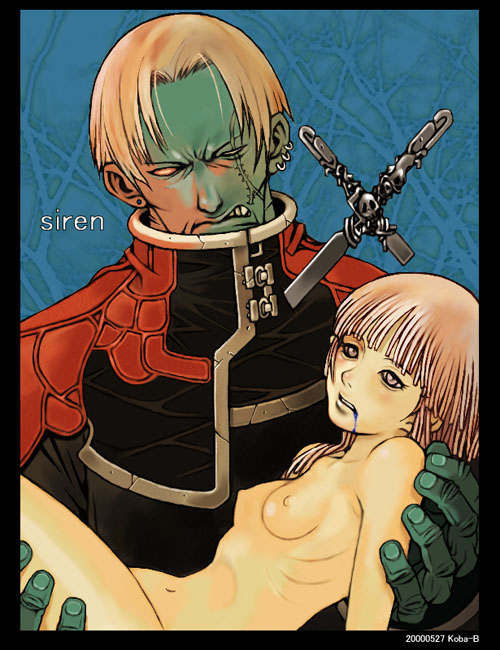 1girl breasts carrying clothed_male_nude_female copyright_request earrings green_skin jewelry koba-b nipples no_pupils nude princess_carry scar scar_across_eye small_breasts