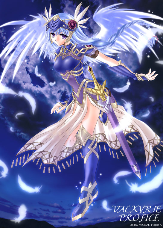 2000 angel_wings armor armored_dress blue blue_background boots braid copyright_name feathers fujimiya_misuzu gauntlets head_wings helmet lenneth_valkyrie long_hair purple_eyes silver_hair single_braid solo sword thigh_boots thighhighs valkyrie_profile weapon wings