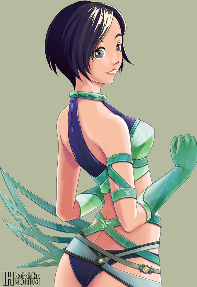 androgynous ass bare_shoulders black_hair blue_hair elbow_gloves from_behind gloves green_background green_gloves grey_eyes kousaka_kotohiko looking_back original short_hair shorts silver_eyes simple_background skin_tight smile solo