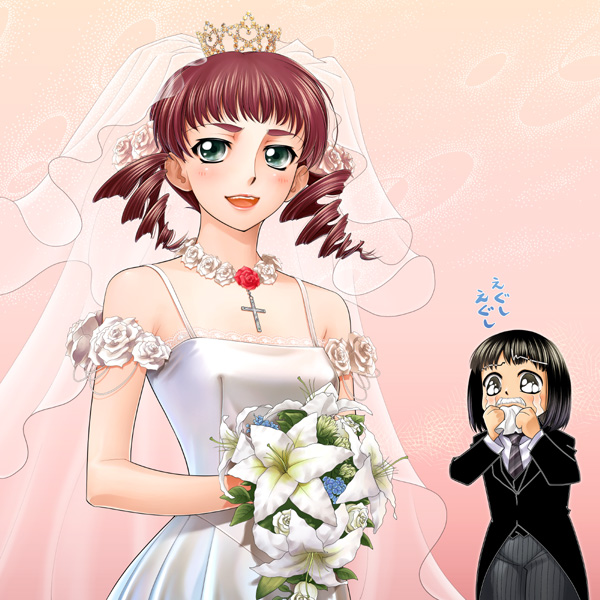 bride dress drill_hair flower lily_(flower) mami_akira maria-sama_ga_miteru matsudaira_touko multiple_girls nijou_noriko wedding wedding_dress