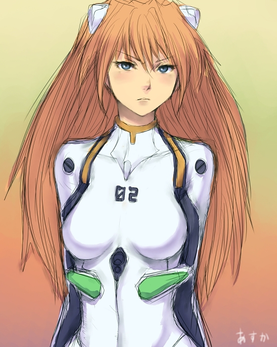 &gt;:( angry ayanami_rei ayanami_rei_(cosplay) bangs blue_eyes blush bodysuit breasts character_name cosplay frown fumio_(rsqkr) gradient gradient_background hair_between_eyes hair_ornament impossible_clothes large_breasts long_hair neon_genesis_evangelion number orange_hair parted_lips pilot_suit plugsuit sketch solo souryuu_asuka_langley turtleneck upper_body v-shaped_eyebrows very_long_hair white_bodysuit