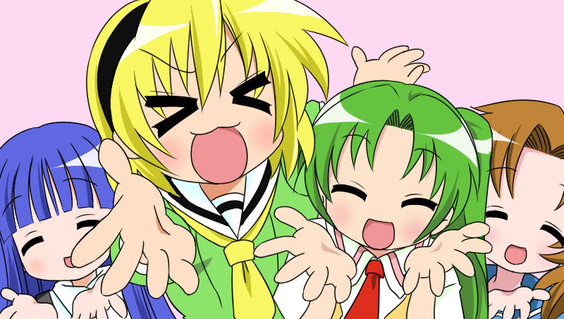 &gt;_&lt; :d ^_^ ^o^ bangs blonde_hair blush close-up closed_eyes face furude_rika green_hair hairband higurashi_no_naku_koro_ni houjou_satoko lucky_star motteke!_serafuku multiple_girls necktie open_mouth parody parted_bangs pink_background pose red_neckwear ryuuguu_rena simple_background sirakaba smile sonozaki_mion upper_body