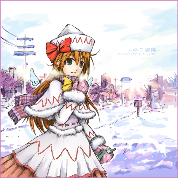 artist_name cellphone city dated fur_trim headgear lily_white mittens phone power_lines ribbon scarf signature snow solo st06 touhou watermark