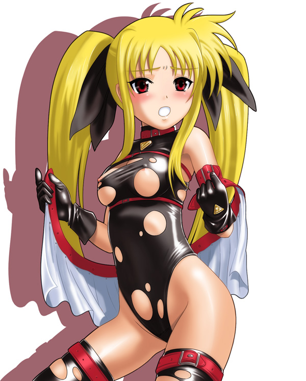 40010prototype blonde_hair blush breasts buckle collar fate_testarossa long_hair lyrical_nanoha mahou_shoujo_lyrical_nanoha medium_breasts nipple_slip nipples red_eyes solo thighhighs torn_clothes twintails