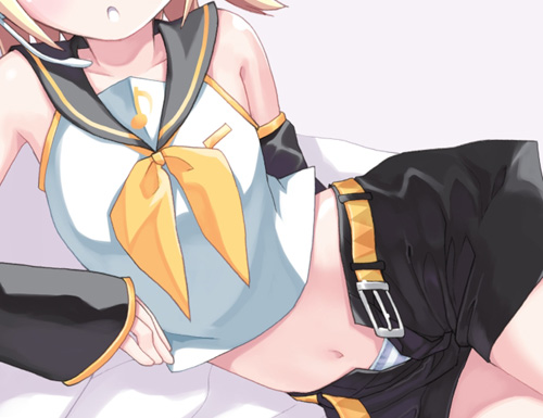 :o armlet belly belt blonde_hair blush buckle collarbone head_out_of_frame kagamine_rin kiira lowres lying midriff navel on_side open_fly panties parted_lips sailor_collar school_uniform serafuku short_hair simple_background solo spread_legs stomach unbuckled_belt underwear vocaloid white_background white_panties