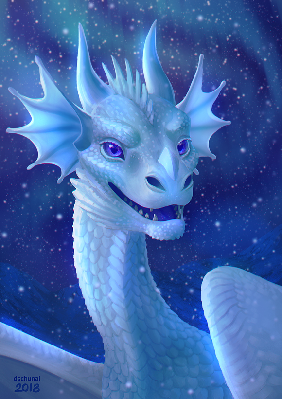 2018 blue_eyes digital_media_(artwork) dragon dschunai feral horn open_mouth scales scalie smile solo spines teeth tongue western_dragon white_scales