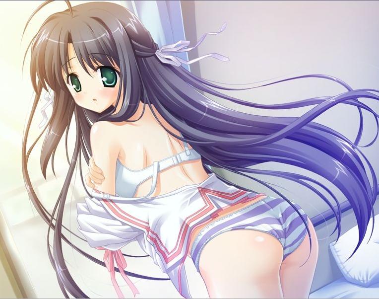 ahoge ass black_hair blue_panties blush bra dutch_angle gakuto! game_cg green_eyes hair_ribbon hoshino_shinju kimura_koroya leaning_forward lingerie long_hair looking_back panties ribbon school_uniform serafuku solo strap_slip striped striped_panties underwear undressing very_long_hair white_bra