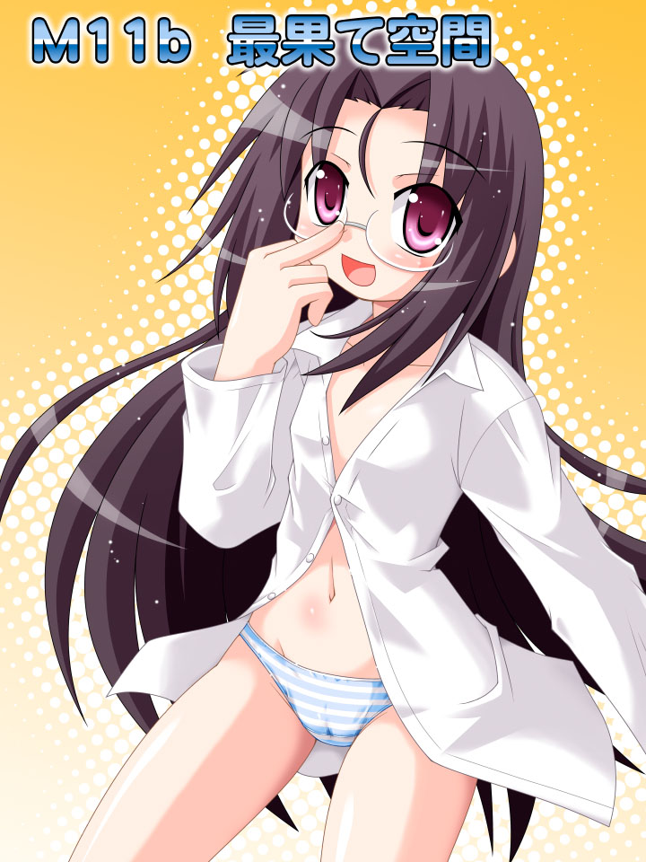 adjusting_eyewear black_hair brown_hair glasses hino_hino long_hair lucky_star no_pants open_clothes open_shirt panties red_eyes shirt smile solo striped striped_panties tamura_hiyori unbuttoned underwear