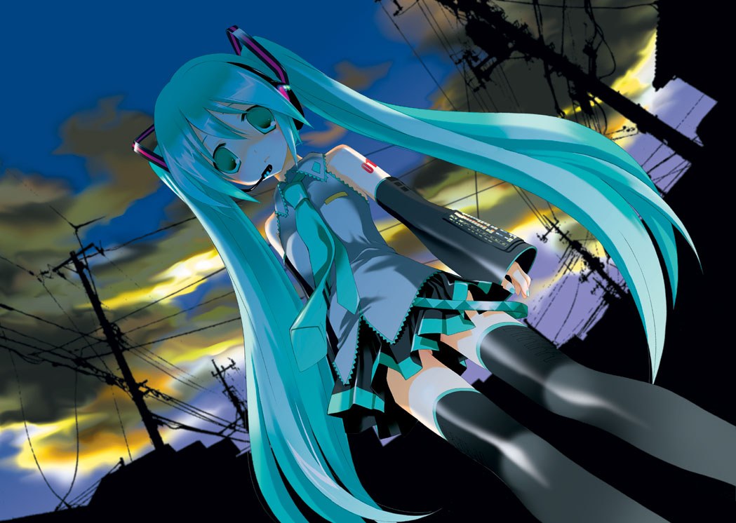 aqua_hair hatsune_miku long_hair microphone miyashita_miki solo thighhighs twintails very_long_hair vocaloid