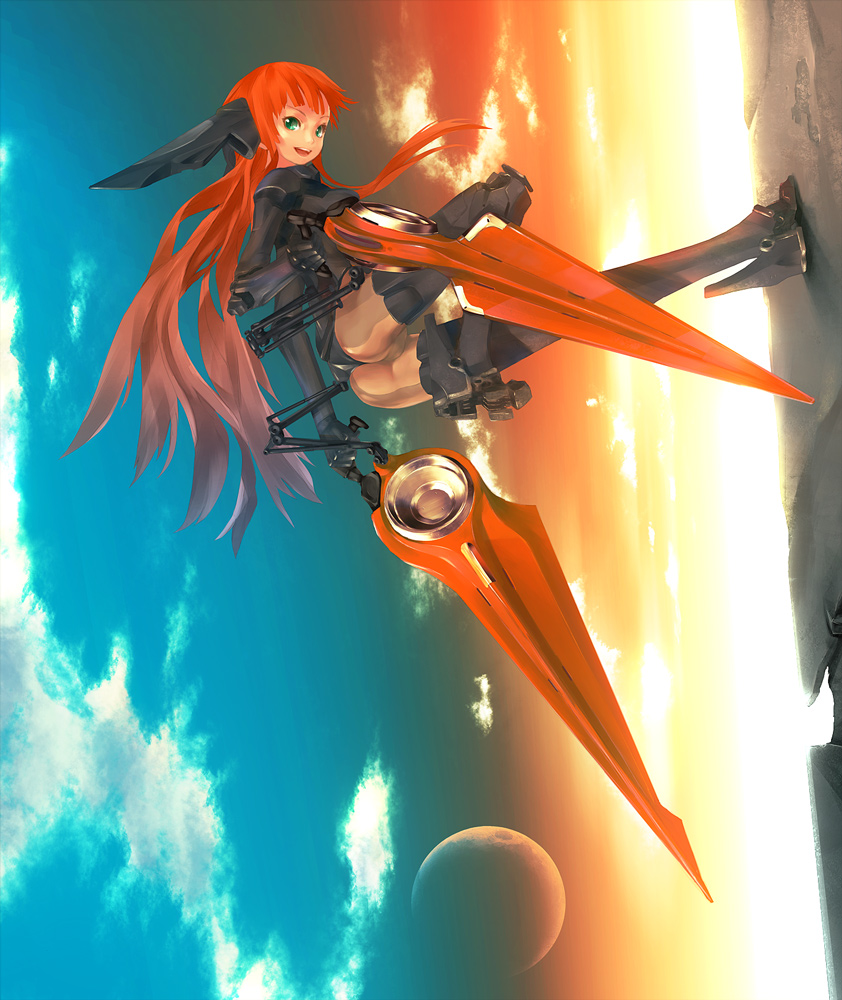 ass copyright_request green_eyes long_hair mecha mecha_musume moon red_hair redjuice sky solo sunset
