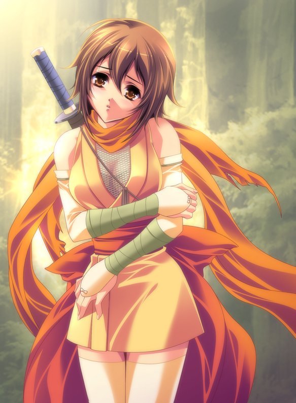 brown_eyes brown_hair copyright_request duplicate ena_roseo forest nature ninja short_hair skirt solo sword thighhighs weapon zettai_ryouiki