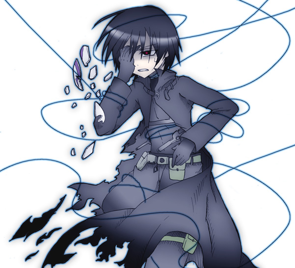 1boy belt black_gloves black_hair black_jacket broken_mask clenched_teeth darker_than_black gloves hand_on_face hand_on_own_face hei jacket knife male male_focus mask red_eyes solo sweat teeth torn_clothes weapon wire