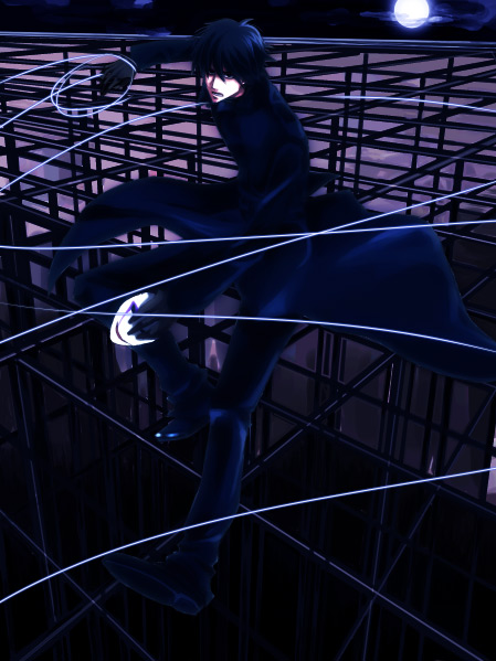 1boy black_eyes black_gloves black_hair black_jacket black_pants black_shoes darker_than_black fighting_stance full_body gloves hei jacket looking_at_viewer male male_focus mask moon night outdoors pants running scaffold scaffolding shoes solo wire