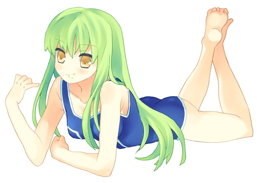 :t bangs barefoot c.c. code_geass eating feet food food_on_face green_hair long_hair lying on_stomach one-piece_swimsuit shinonome solo swimsuit yellow_eyes