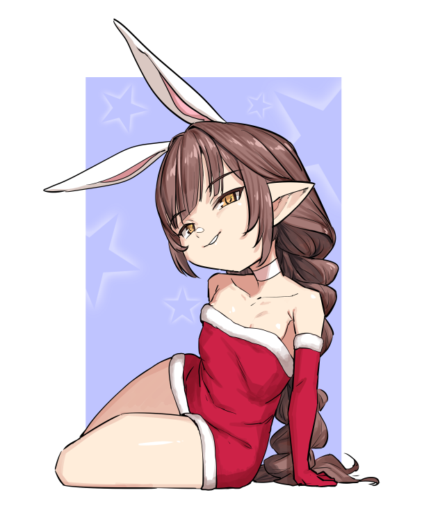 1girl animal_ears bare_shoulders braid breasts brown_hair dress elbow_gloves fake_animal_ears gloves granblue_fantasy haaselia harvin long_hair looking_at_viewer pointy_ears rabbit_ears red_dress santa_costume santa_dress sitting small_breasts smile solo very_long_hair yellow_eyes yggsil