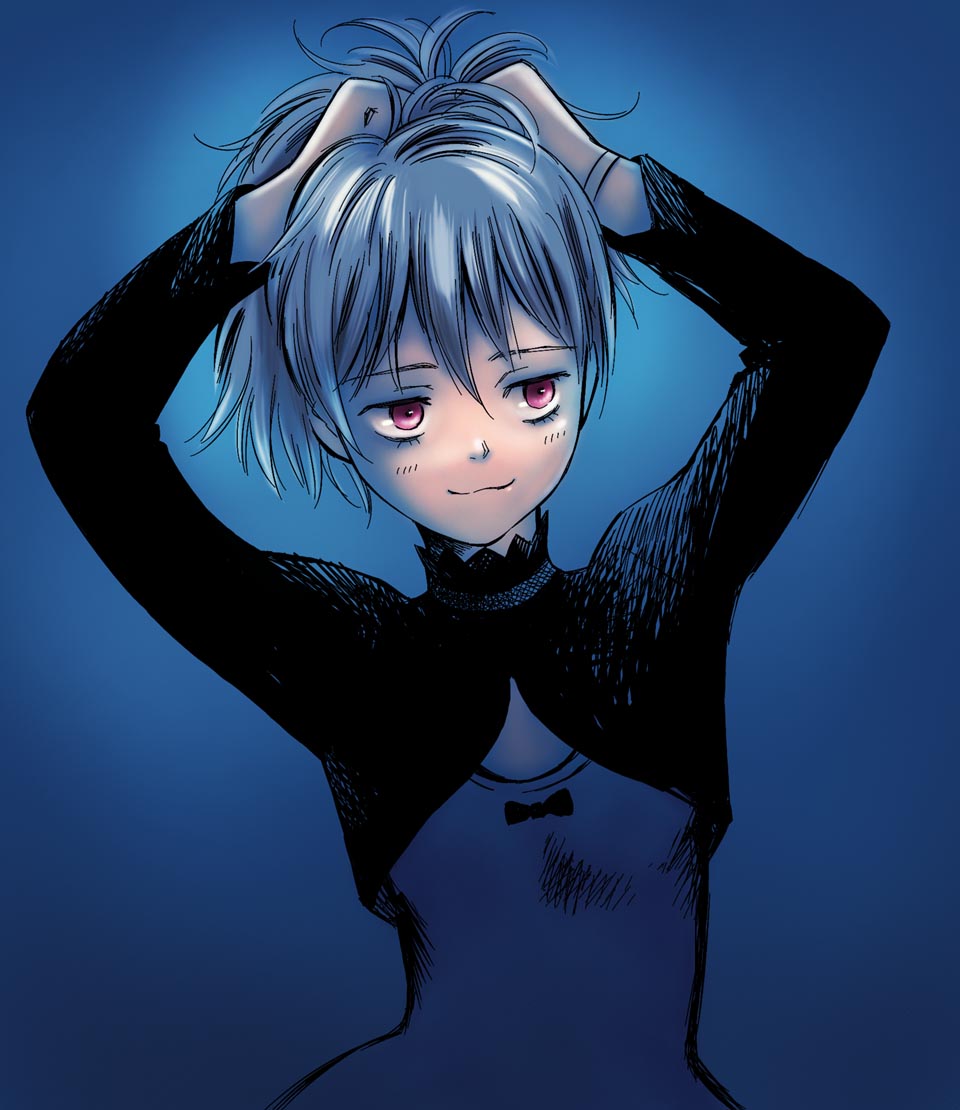:3 adjusting_hair arms_up artist_request blue_background blue_bodysuit bodysuit darker_than_black expressionless long_sleeves pink_eyes ponytail short_hair silver_hair simple_background solo yin