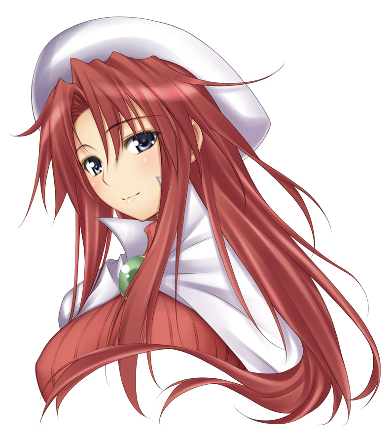 aty_(summon_night) beret big_wednesday blue_eyes blush closed_mouth face hat long_hair portrait red_hair smile solo summon_night summon_night_3