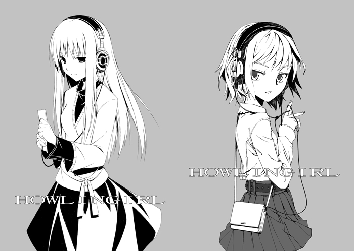 bag gou_(double_trigger) greyscale handbag headphones long_hair monochrome multiple_girls original short_hair sketch
