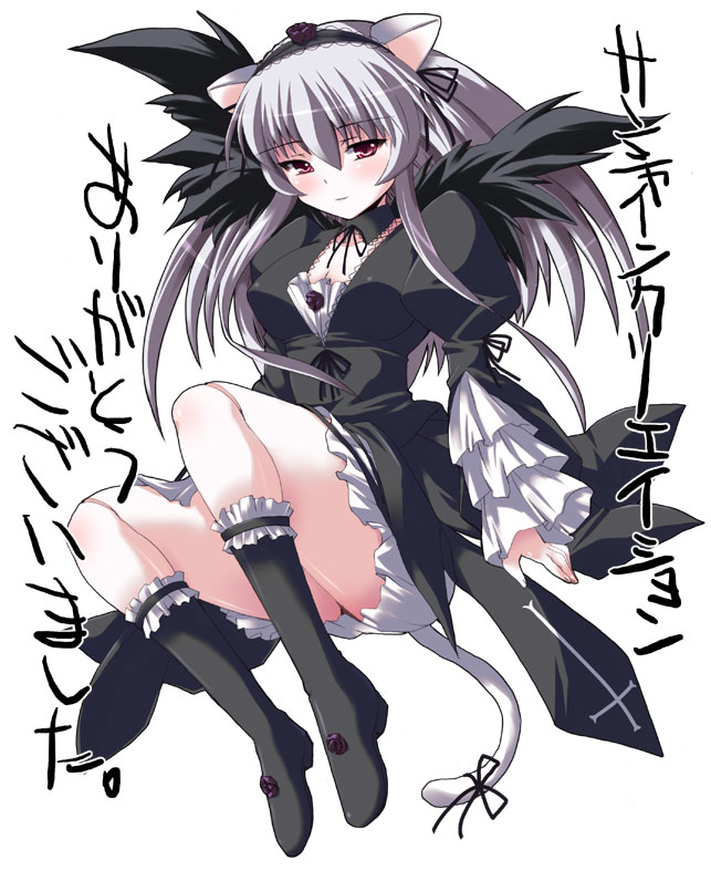 animal_ears black_wings boots breasts cat_ears cat_tail cleavage flower frills full_body hairband long_hair medium_breasts purple_eyes ribbon rozen_maiden shinshin sidelocks silver_hair simple_background solo suigintou tail white_background wings