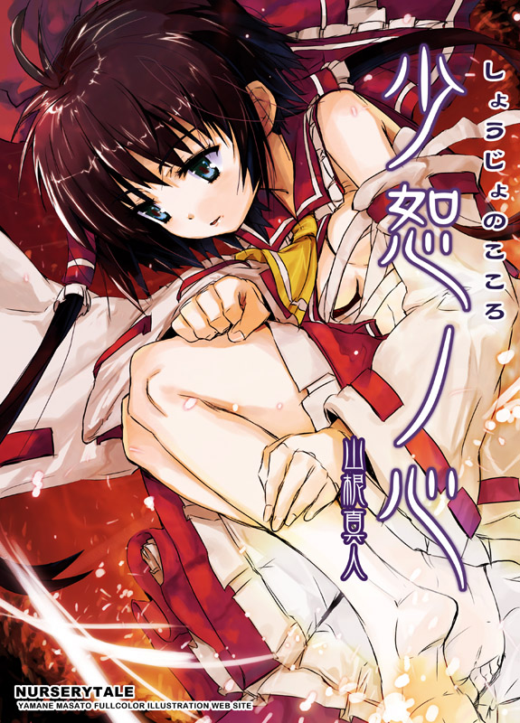 bare_legs blue_eyes brown_hair detached_sleeves expressionless fetal_position hakurei_reimu knees_on_chest knees_up long_sleeves ribbon-trimmed_sleeves ribbon_trim short_hair solo touhou yamane_masato