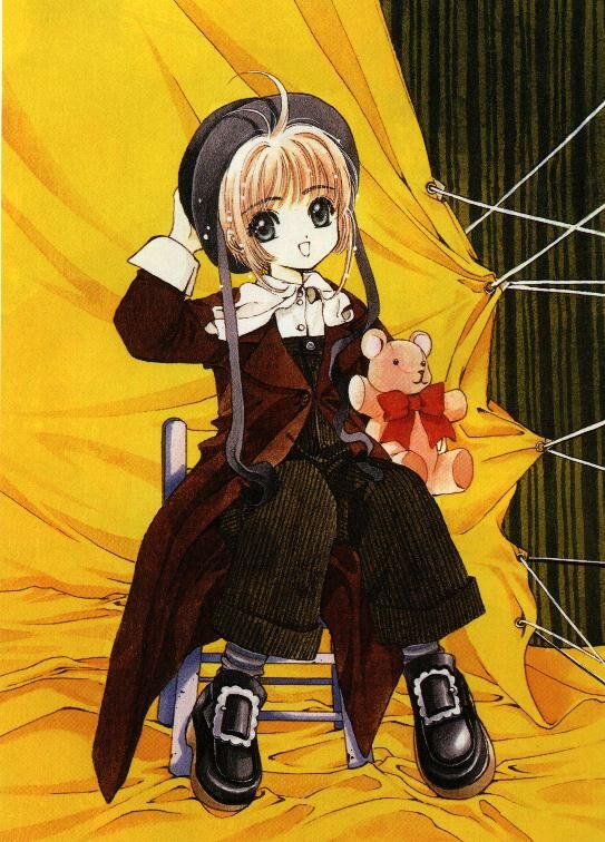 :d card_captor_sakura clamp hat kinomoto_sakura open_mouth overalls smile stuffed_animal teddy_bear