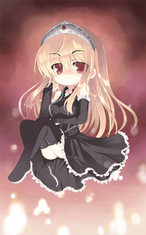 blonde_hair crown gothic hat hime_(kaibutsu_oujo) kaibutsu_oujo long_hair omiso_(omiso) smile solo thighhighs