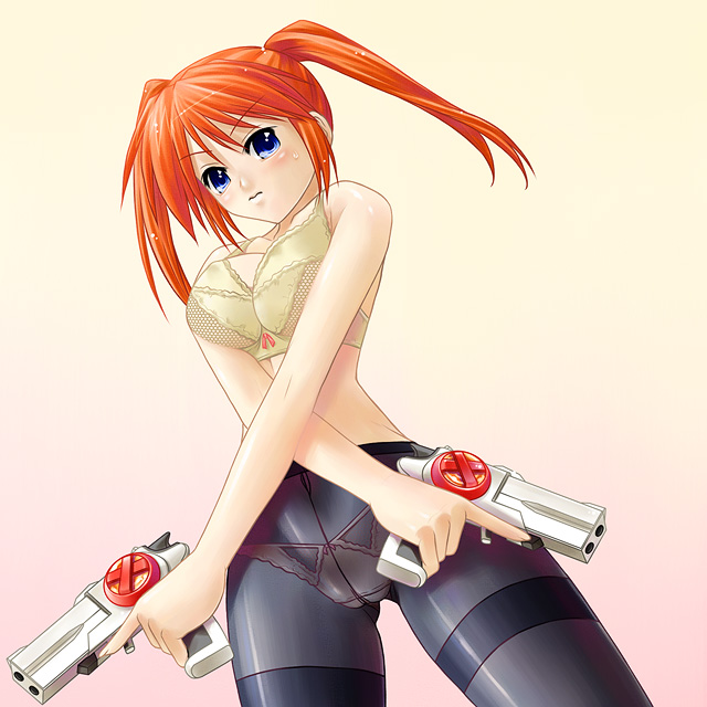 1girl bb blue_eyes bra breast_press breasts cameltoe cleavage gun hips large_breasts lingerie lyrical_nanoha mahou_shoujo_lyrical_nanoha panties pantyhose red_hair see-through solo sweat teana_lanster thighs tights twintails underwear weapon yellow_bra yellow_panties