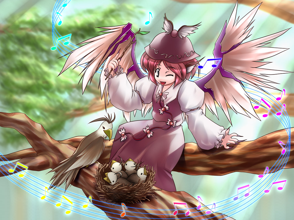 animal_ears beamed_eighth_notes bird bird_nest brown_eyes chick dress eighth_note fingernails hat in_tree jerry long_fingernails music musical_note mystia_lorelei nail_polish one_eye_closed pink_hair purple_nails short_hair sitting sitting_in_tree smile solo staff_(music) stick touhou tree wings